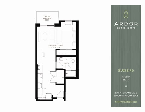 Bluebird studio floor plan at Ardor on the Bluffs in Bloomington, MN