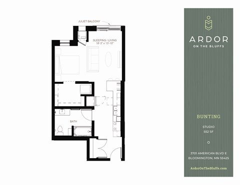 Bunting studio floor plan at Ardor on the Bluffs in Bloomington, MN
