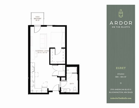 Egret studio floor plan at Ardor on the Bluffs in Bloomington, MN