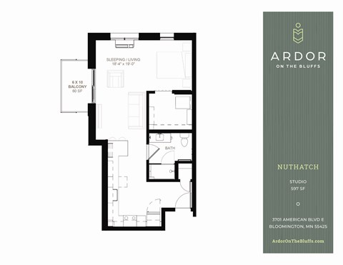 Nuthatch studio floor plan at Ardor on the Bluffs in Bloomington, MN