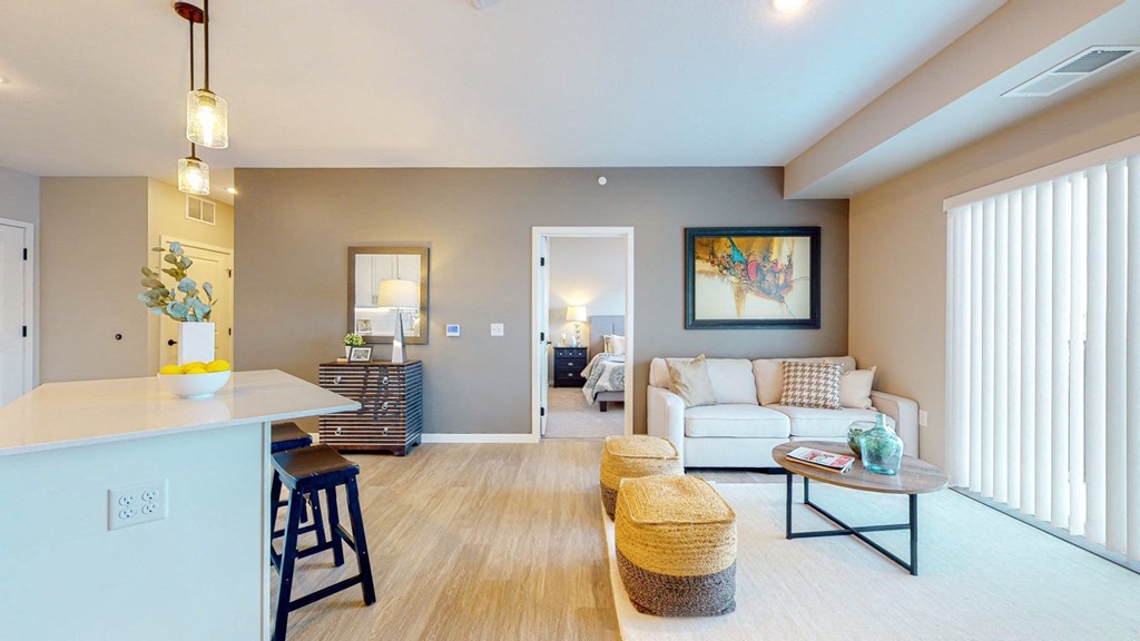 a living room with a couch and a table