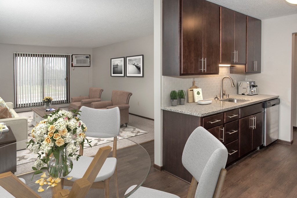 Living Room View From Kitchen at Aspenwood Apartments, MN, 55123