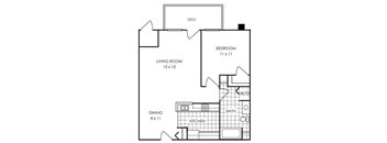 A black and white image of a house floor plan with a living room, dining room, kitchen, bathroom, and bedroom.
