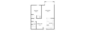 A floor plan of a small apartment with a bedroom, living room, kitchen, dining area and bathroom.