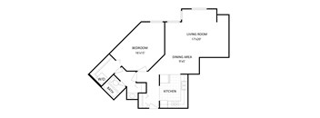 A floor plan of a home with a living room, dining area, kitchen, bedroom and bathroom.