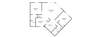 A black and white image of a floor plan for a home with a living room, dining area, kitchen, and two bedrooms.