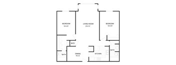 A black and white image of a floor plan for a house with three bedrooms, a living room, a dining room, a kitchen, and two bathrooms.