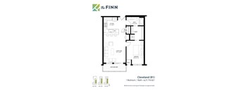 A floor plan for a property at The Finn shows a bedroom, bathroom, living room, and kitchen.