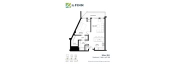 A floor plan for a one bedroom apartment at The Finn, showing the layout of the bedroom, bathroom, kitchen, and living room.