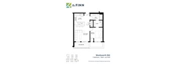 A floor plan for a 1 Bedroom, 1 Bath property by The Finn.