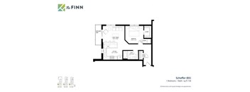 A floor plan for a Scheffer (B5) apartment with a kitchen, living room, and bathroom.