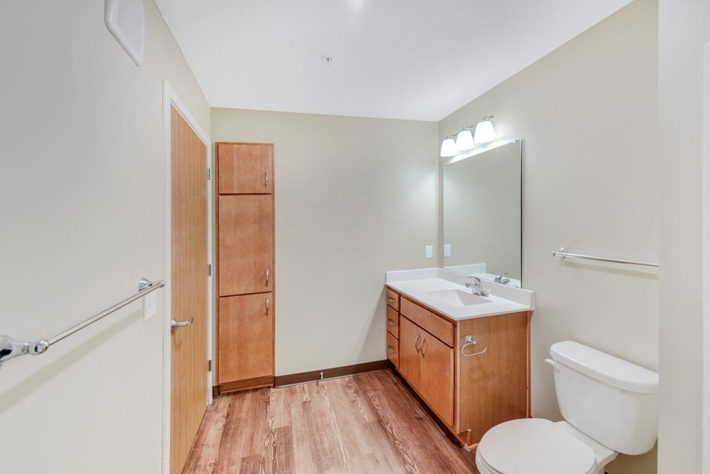 a bathroom with a sink toilet and a mirror