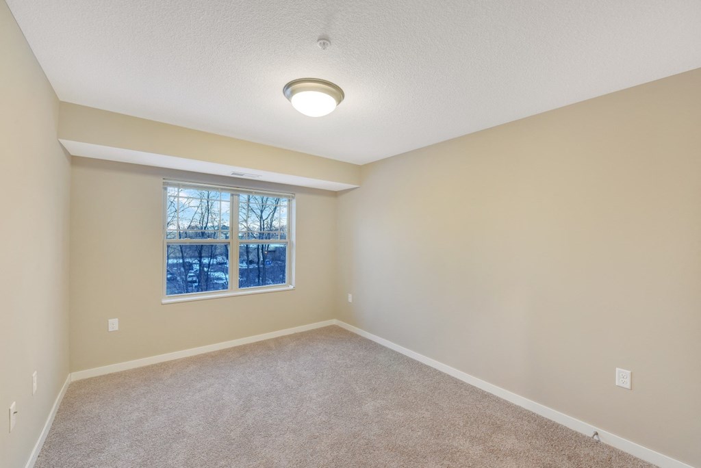 an empty room with carpet and a window