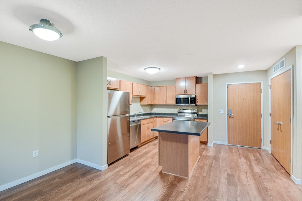 a spacious kitchen with wood flooring and stainless steel appliances