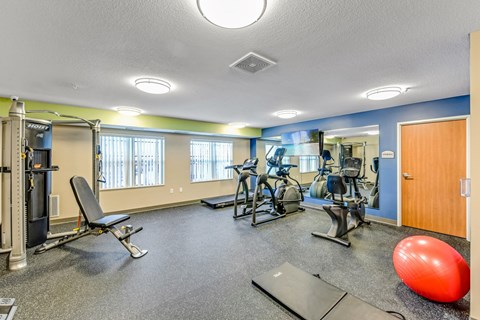 A gym with a variety of equipment including a weight machine, treadmill, and exercise balls.