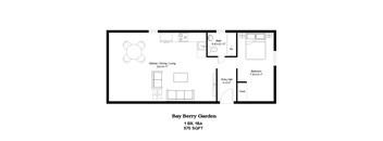 A floor plan of a one bedroom apartment with a kitchen and living room.