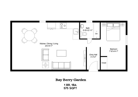A floor plan of a one bedroom apartment with a kitchen and living room.
