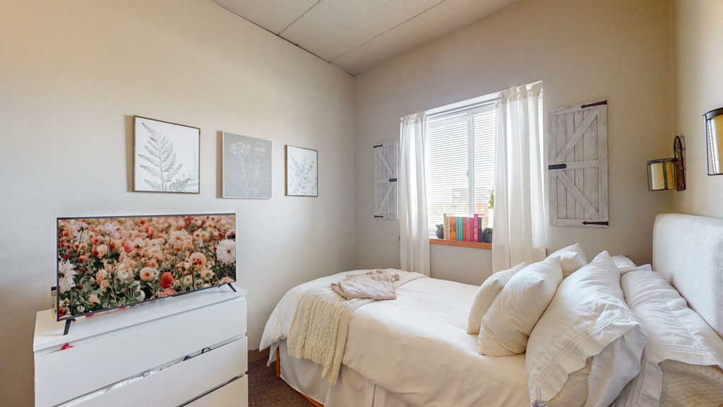 a bedroom with a bed and a dresser and a window