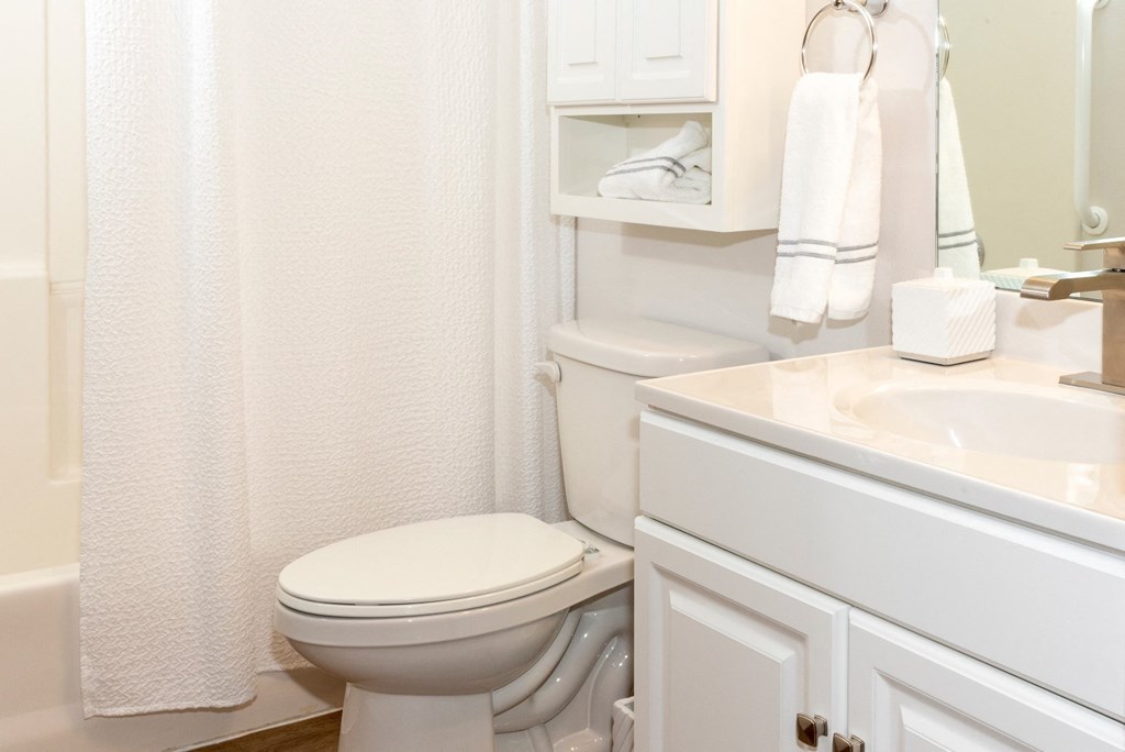 a bathroom with a white sink and toilet and a white shower curtain  at Briarcliff Apartments, a 55+ Community, Mahtomedi, 55115
