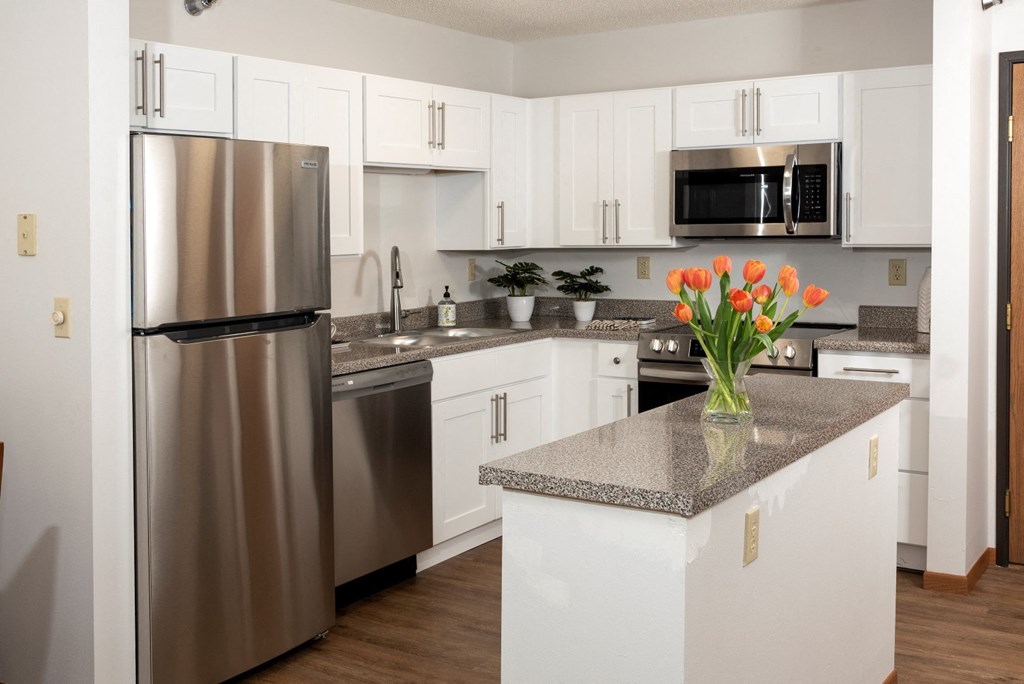 a kitchen with white cabinets and stainless steel appliances  at Briarcliff Apartments, a 55+ Community, Mahtomedi, 55115