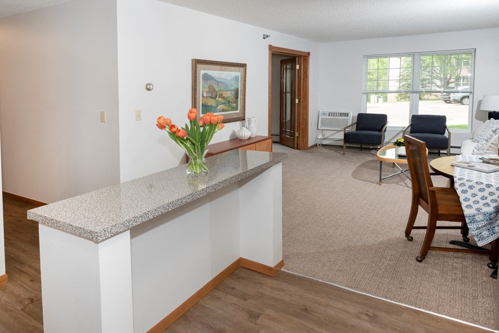 a view of the living room and dining area from behind the kitchen counter  at Briarcliff Apartments, a 55+ Community, Mahtomedi, Minnesota