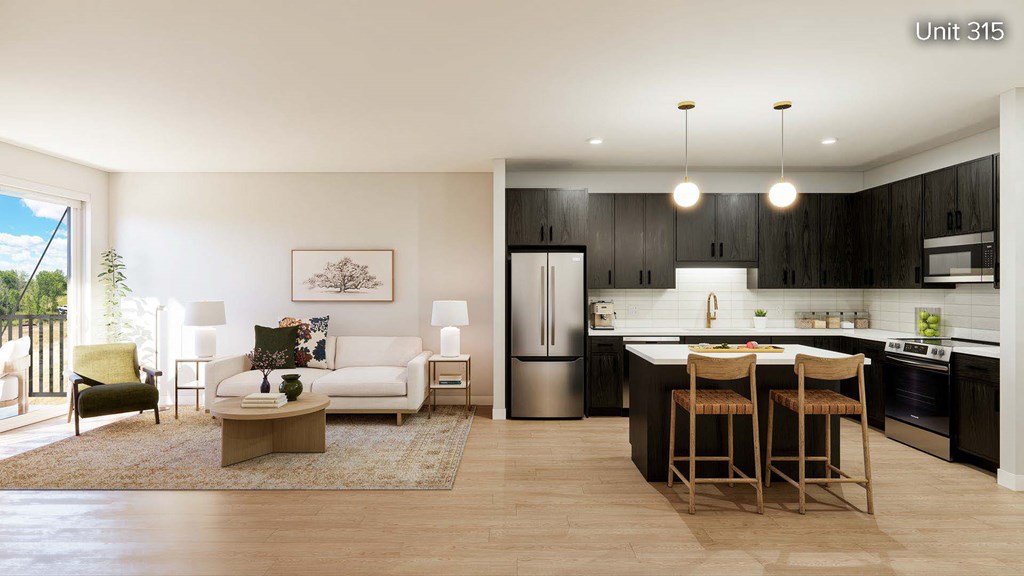 A modern kitchen with a dining table and chairs is shown.
