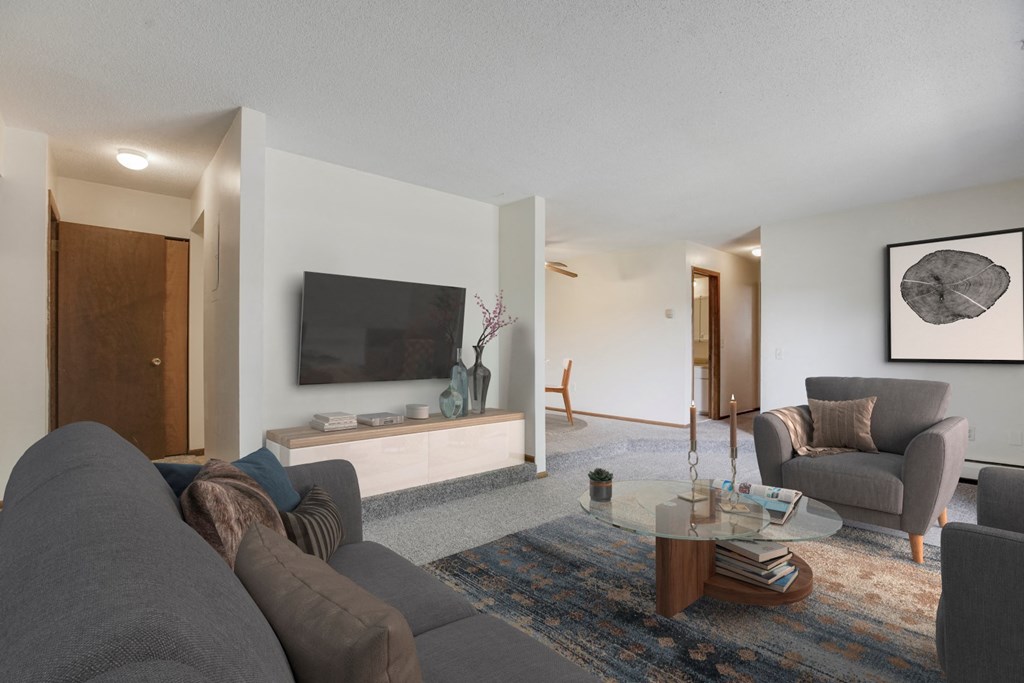 a living room with a couch and a chair and a television