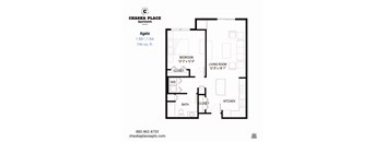 A floor plan for an apartment at Chaska Place with a living room, bedroom, and kitchen.