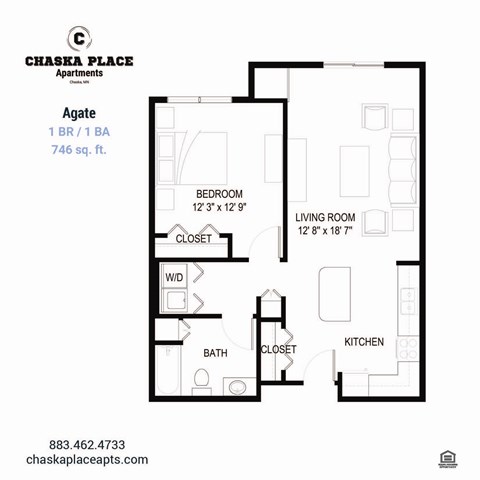 A floor plan for an apartment at Chaska Place with a living room, bedroom, and kitchen.