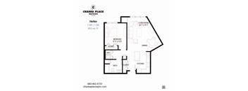 A floor plan for a 1 bedroom, 1 bathroom apartment at Chaska Place Apartments.