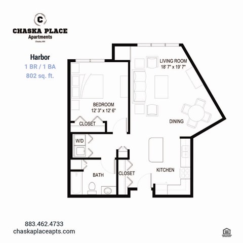 A floor plan for a 1 bedroom, 1 bathroom apartment at Chaska Place Apartments.