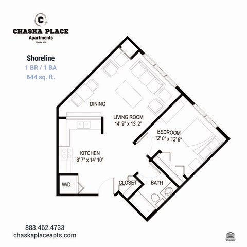 A floor plan for a one bedroom apartment at Chaska Place Apartments.