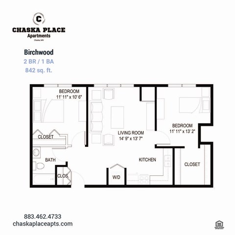 A floor plan for a 2 BR / 1 BA apartment at Chaska Place Apartments.