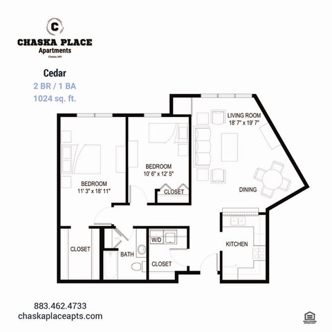 A floor plan for a 2 bedroom, 1 bathroom apartment at Chaska Place Apartments.