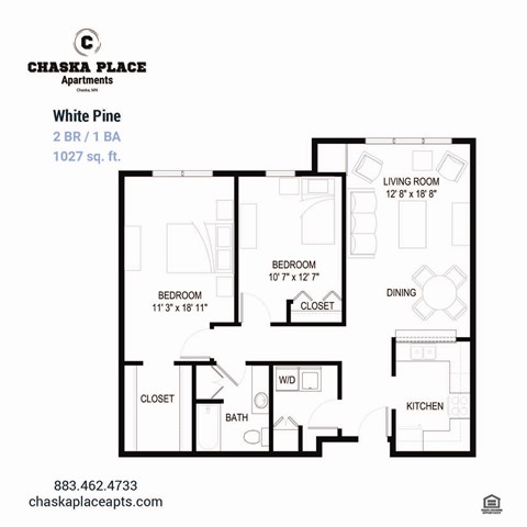 A floor plan for a 2 BR / 1 BA apartment at Chaska Place.