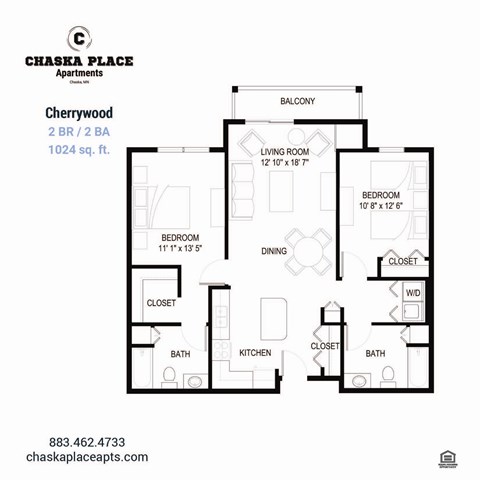 A floor plan for a 2 bedroom, 2 bathroom apartment at Chaska Place Apartments.