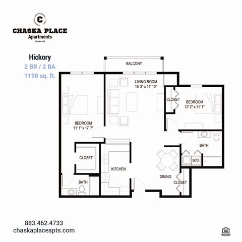 A floor plan for a 2 bedroom, 2 bathroom apartment at Chaska Place Apartments.