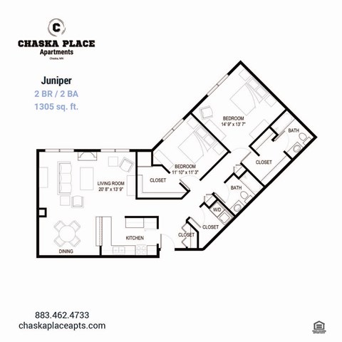 A floor plan for a 2BR/2BA apartment at Chaska Place Apartments.
