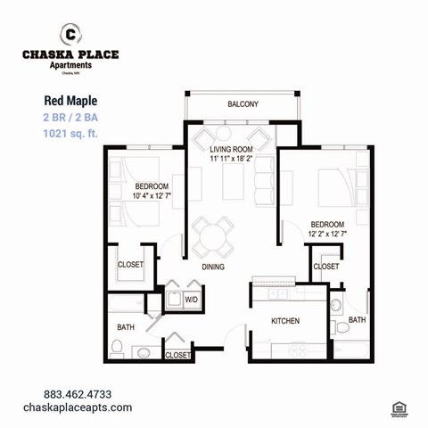 A floor plan for a 2 bedroom, 2 bathroom apartment at Chaska Place Apartments.