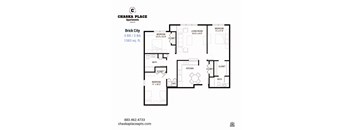 A black and white image of a floor plan for a 3 bedroom, 2 bathroom apartment.