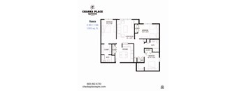 A floor plan for a 2 bedroom, 1 bathroom apartment at Chaska Place Apartments.