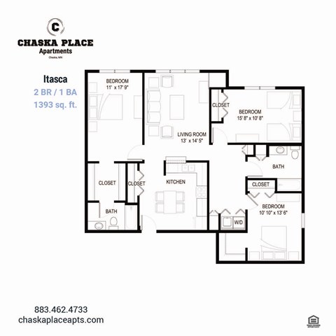 A floor plan for a 2 bedroom, 1 bathroom apartment at Chaska Place Apartments.