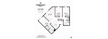 A black and white image of a floor plan for a 3 bedroom, 2 bathroom apartment.