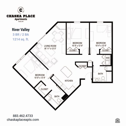 A black and white image of a floor plan for a 3 bedroom, 2 bathroom apartment.