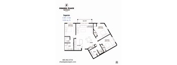 A floor plan for a 3 BR/2 BA apartment sized at 1430 sq.ft.