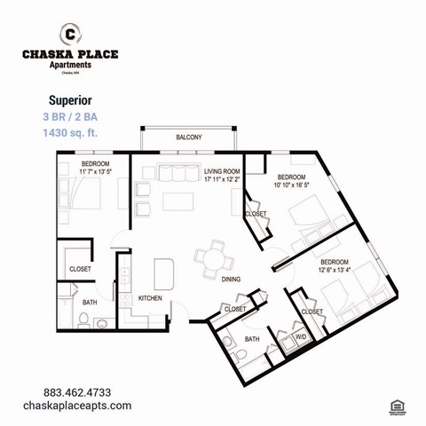 A floor plan for a 3 BR/2 BA apartment sized at 1430 sq.ft.
