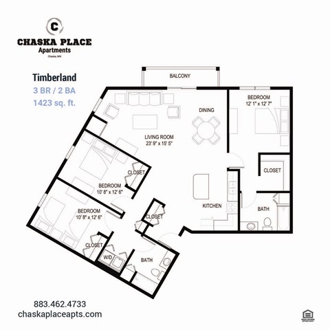 A floor plan for a 3 bedroom, 2 bathroom apartment at Chaska Place Apartments.