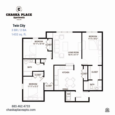 A floor plan for a 3 bedroom, 2 bathroom apartment at Chaska Place Apartments.