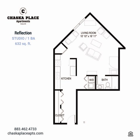 A floor plan for a studio apartment with a living room, kitchen, and bathroom.