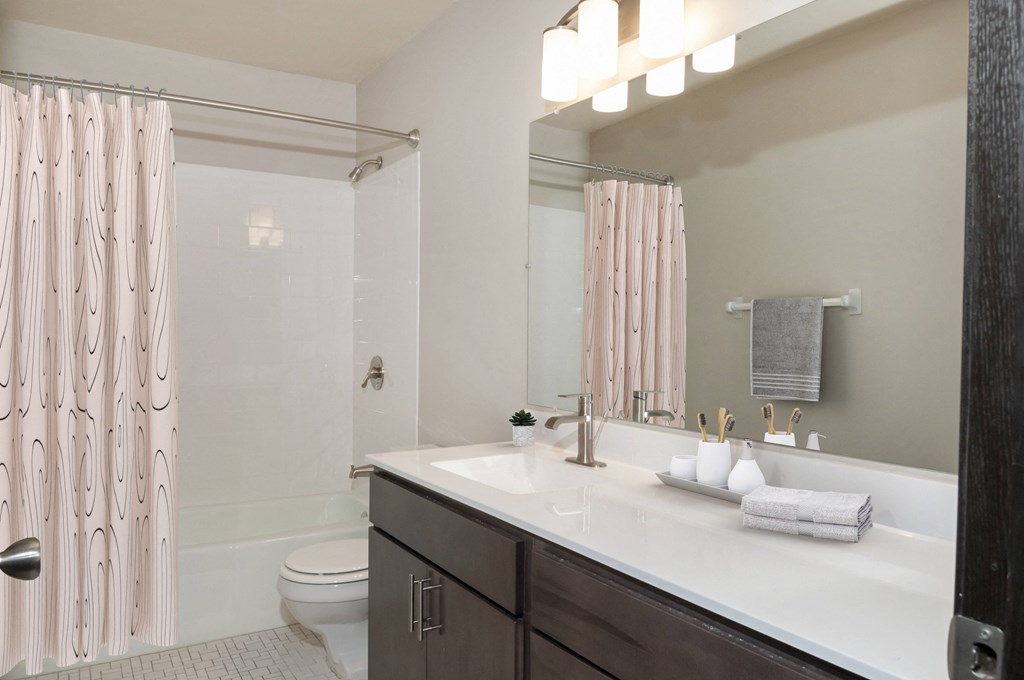a bathroom with a sink and a shower and a toilet